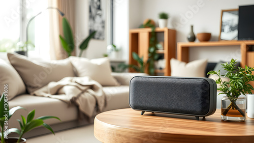 Black wireless speaker on a wooden table in a stylish living room, symbolizing modern home entertainment and seamless technology integration