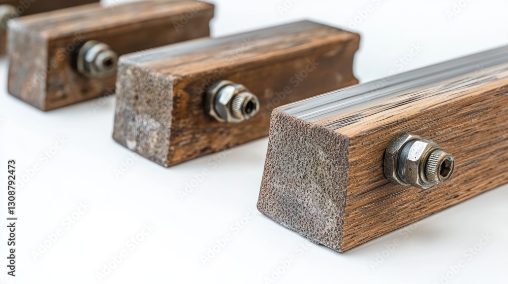 Close-up of four rustic wooden blocks with metal fasteners. Close-up of four rustic wooden blocks with metal fasteners.