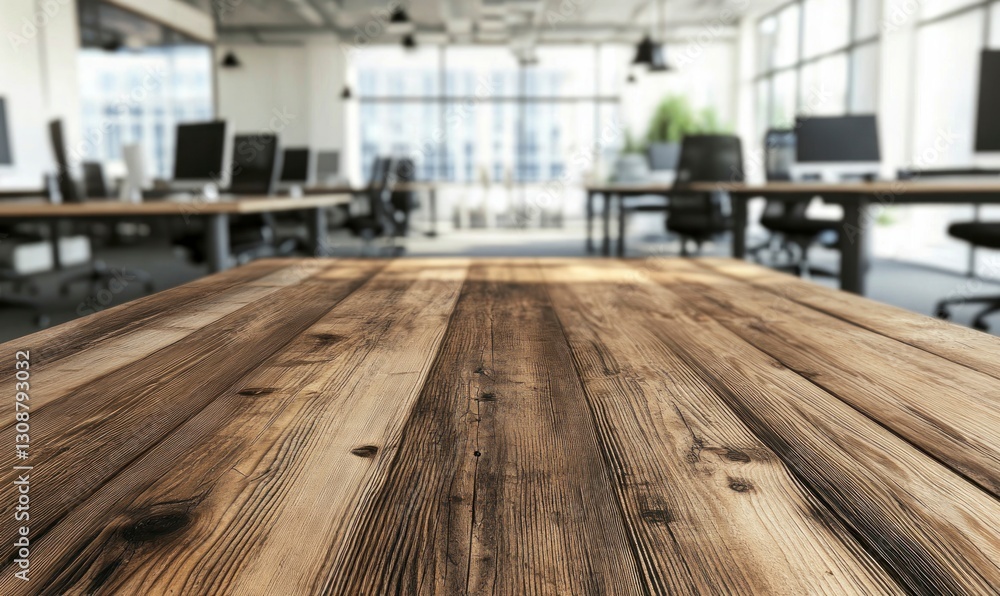 Rustic Wood Tabletop with Modern Office Blurred Background in Bright Workplace Rustic Wood Tabletop with Modern Office Blurred Background in Bright Workplace