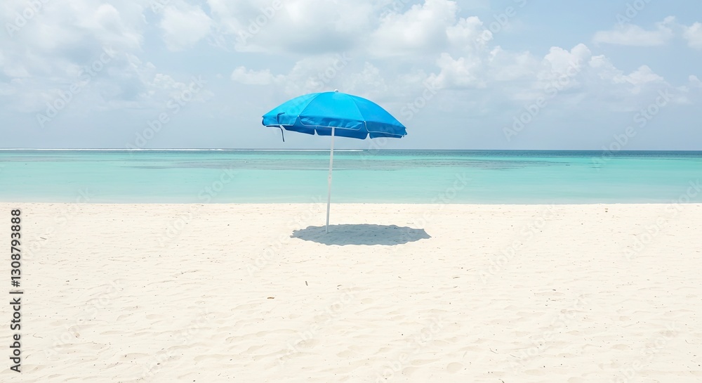 Blue Umbrella on White Sand Beach with Turquoise Ocean and Clouds Blue Umbrella on White Sand Beach with Turquoise Ocean and Clouds