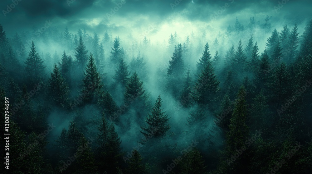 Foggy conifer forest at night with dramatic stormy sky Foggy conifer forest at night with dramatic stormy sky