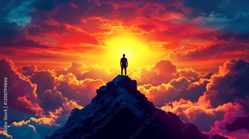 Man silhouetted atop mountain peak at sunset, fiery clouds, success concept Man silhouetted atop mountain peak at sunset, fiery clouds, success concept