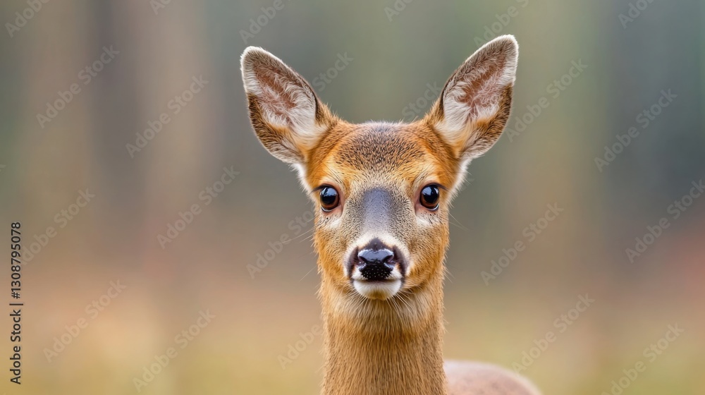 Fototapeta premium A delicate roe deer stands close to the camera, its large eyes staring directly into the lens.
