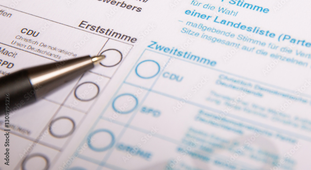 12. February 2025 - Berlin, Germany. Close up of a ballot paper and a pen with no marked party choice 12. February 2025 - Berlin, Germany. Close up of a ballot paper and a pen with no marked party choice