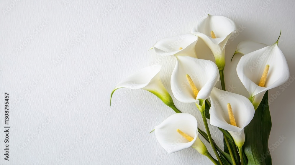 Fototapeta premium Several elegant white calla lilies displayed against a white backdrop