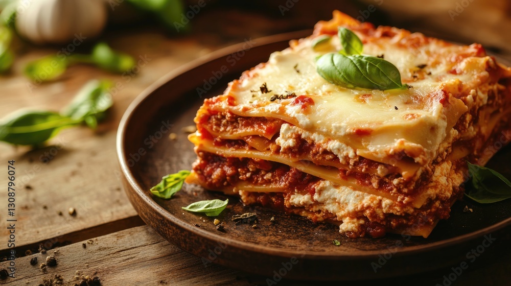Delicious Italian Lasagna Served On A Wooden Plate Up Close Delicious Italian Lasagna Served On A Wooden Plate Up Close