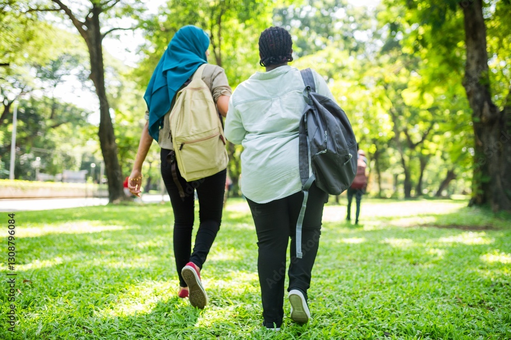 Two people walking in a park, wearing backpacks. Green trees and grass surround them. Outdoor scene with backpacks, nature, and walking in a park setting. Diverse friends walking together in the park. Two people walking in a park, wearing backpacks. Green trees and grass surround them. Outdoor scene with backpacks, nature, and walking in a park setting. Diverse friends walking together in the park.