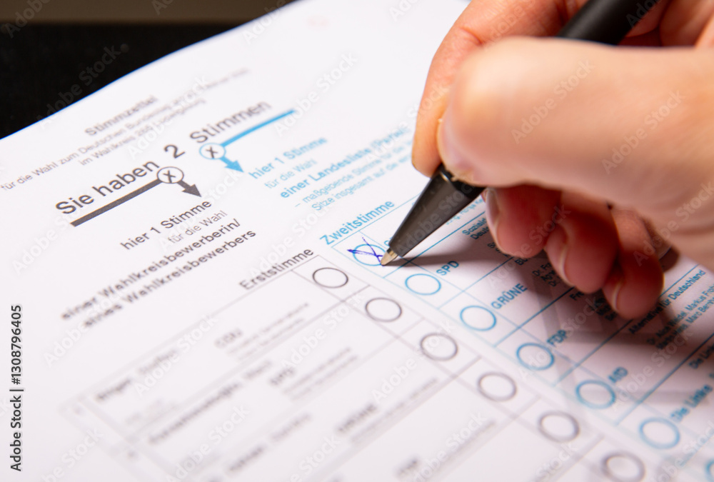 12. February 2025 - Berlin, Germany. Close up of a female hand marking CDU party on a ballot paper with a pen 12. February 2025 - Berlin, Germany. Close up of a female hand marking CDU party on a ballot paper with a pen