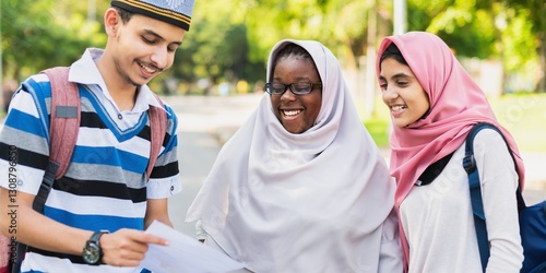 Three people outdoors, smiling and looking at a paper. They are wearing casual clothes and backpacks, enjoying a sunny day together. Middle Eastern muslim students at school. photo