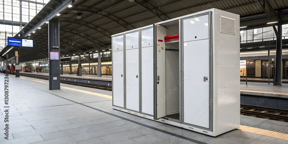 Fototapeta premium Lockers for luggage storage train station facilities urban environment wide angle view convenient travel solutions