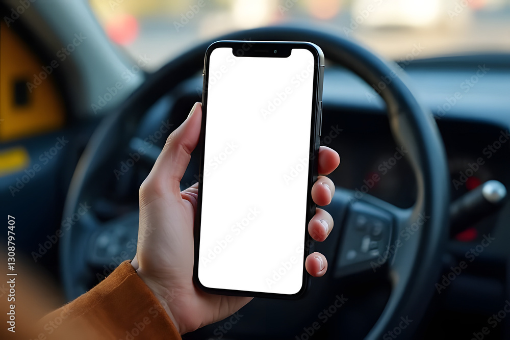 Driver using smartphone in vehicle urban environment digital interaction focused view modern technology Driver using smartphone in vehicle urban environment digital interaction focused view modern technology