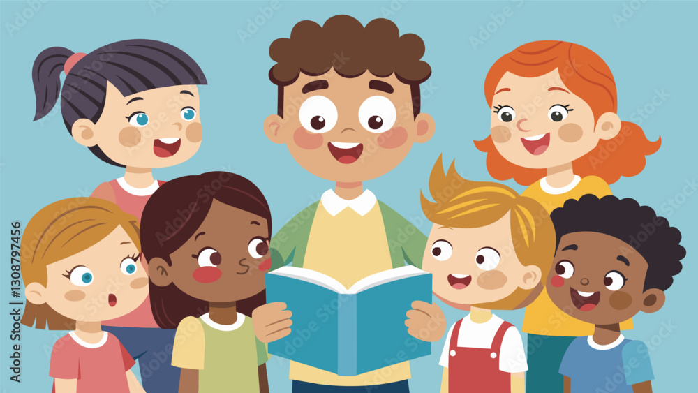 With wide eyes and eager smiles the children listened intently as the story unfolded.. Vector illustration With wide eyes and eager smiles the children listened intently as the story unfolded.. Vector illustration