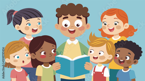 With wide eyes and eager smiles the children listened intently as the story unfolded.. Vector illustration