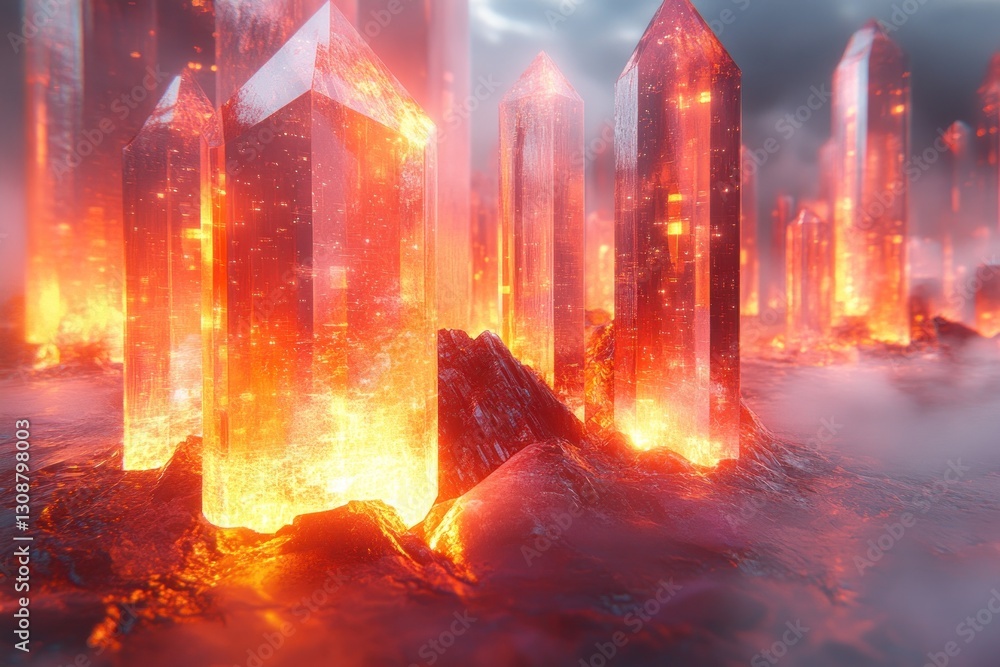 Fototapeta premium Crystal city glowing in fiery landscape