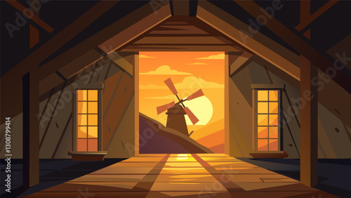 The soft glow of the afternoon sun filters through gaps in the mills wooden walls casting a warm nostalgic light upon the scene.. Vector illustration