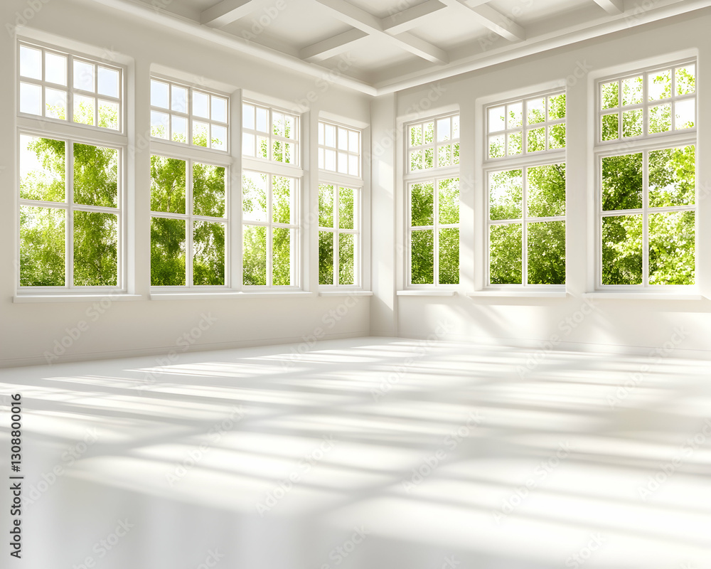 Fototapeta premium Sunlit Room Empty space, lush green view, white walls, ideal for design/real-estate
