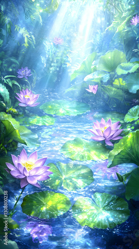 Sunlit Stream, Lush Jungle, Water Lilies, Fantasy Art; Ideal for Phone Wallpaper