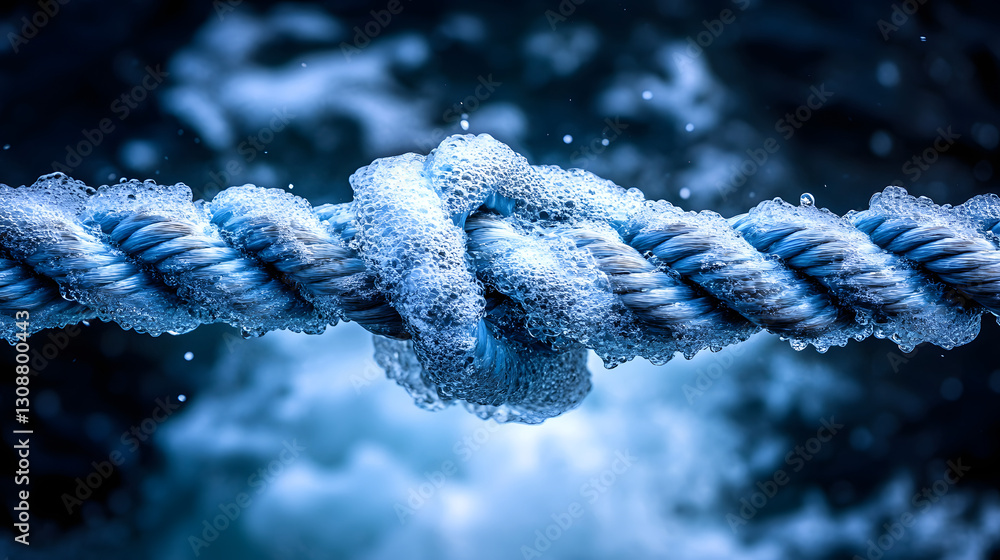 Frozen Knot of Resilience: An intricately tied rope knot, encrusted with ice, stands as a powerful symbol of strength and resilience against a textured blue backdrop.