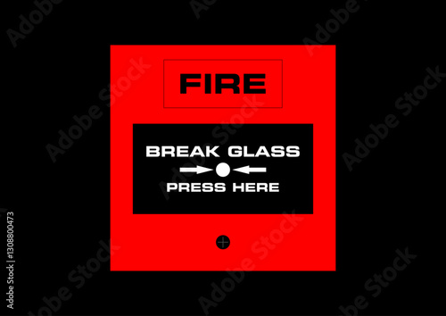 emergency fire alarm button red, break glass, press here flat red graphic vector illustration