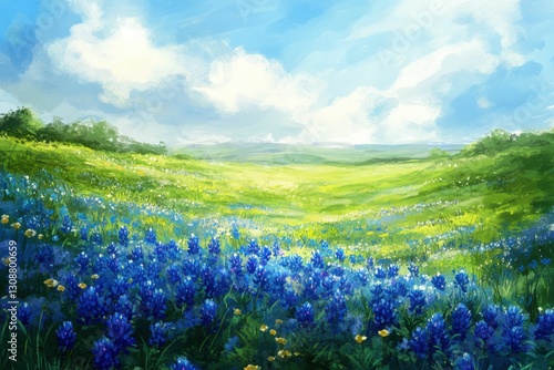Bluebonnet Background. Spring Meadow with Blue Flowers in Lush Green Field