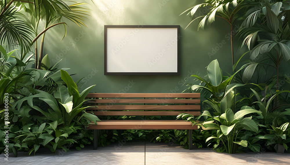 Serene outdoor bench displaying artwork lush green garden visual art installation tranquil environment nature-inspired concept Serene outdoor bench displaying artwork lush green garden visual art installation tranquil environment nature-inspired concept