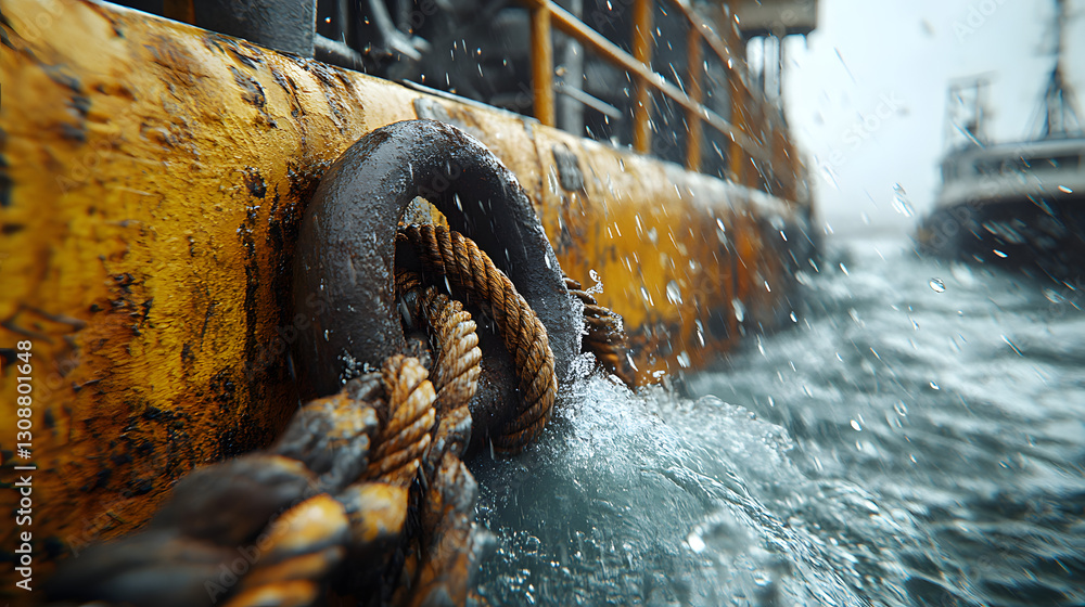 Maritime Strength: A robust anchor chain secures a vessel, the churning sea its backdrop, creating a vivid scene of maritime resilience