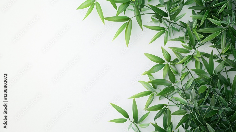 A serene arrangement of green bamboo leaves on a light background. A serene arrangement of green bamboo leaves on a light background.