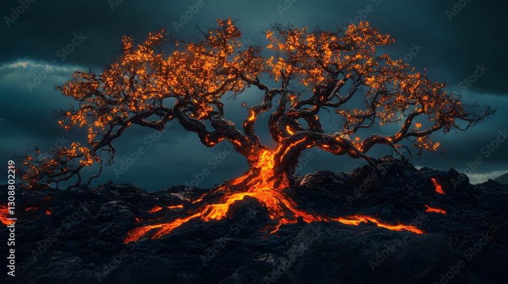 Fiery Tree in Volcanic Landscape Under a Stormy Sky Fiery Tree in Volcanic Landscape Under a Stormy Sky