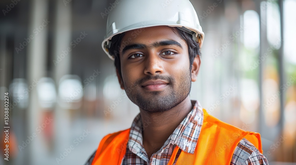 A young construction worker smiles while wearing a hard hat and safety vest on a job site. A young construction worker smiles while wearing a hard hat and safety vest on a job site.