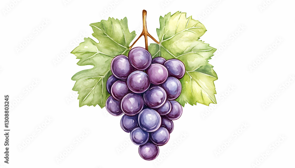 Fototapeta premium Watercolor painting of red grapes with leaves; perfect for wine labels or food illustrations