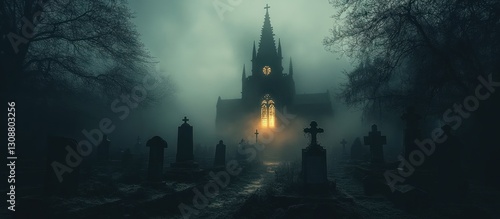 Wallpaper Mural Foggy graveyard with church at night Torontodigital.ca