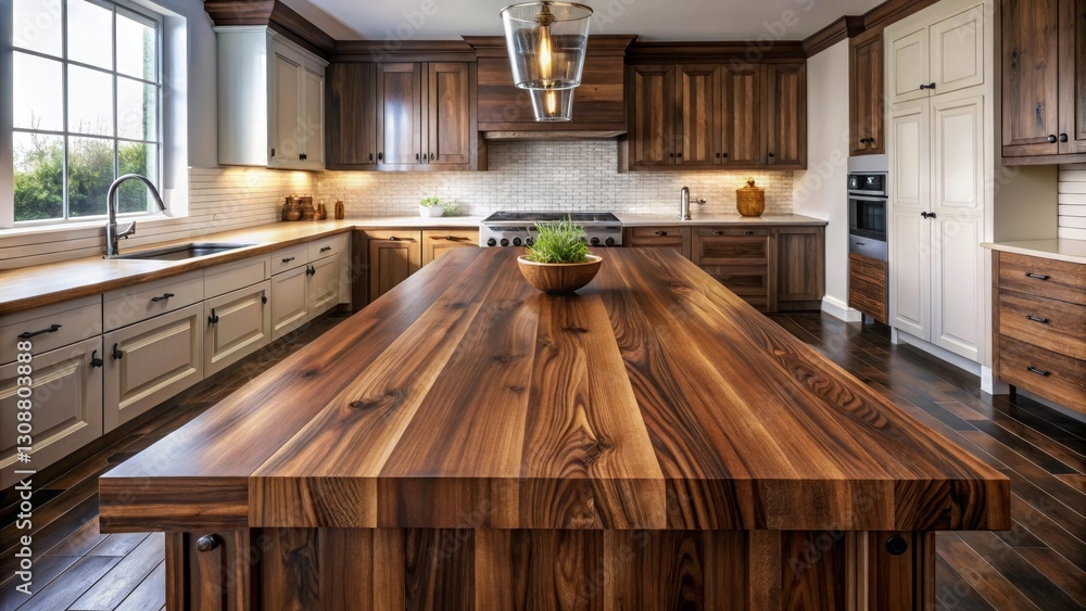 Luxurious kitchen island showcasing rich wood grain countertop, complemented by elegant cabinetry and modern appliances. Luxurious kitchen island showcasing rich wood grain countertop, complemented by elegant cabinetry and modern appliances.