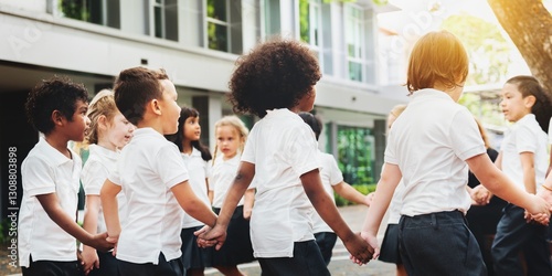 Group of diverse students holding hands in a circle outdoors. Students in school uniforms, playing outdoor. Happy students enjoying playtime together in a outdoor school. Diverse students