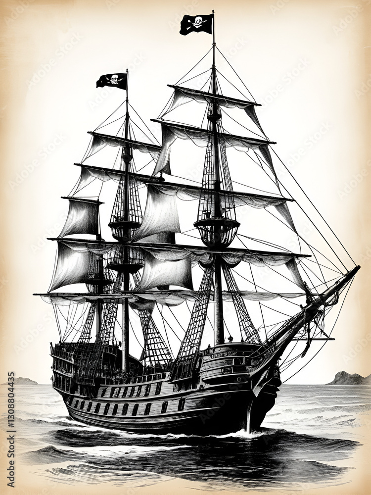 Fototapeta premium PNG Vintage pirate ship illustration