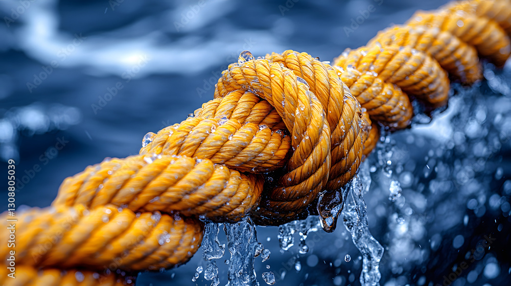 Nautical Knot in the Waves: A close-up shot of a sturdy nautical knot tied with a thick, golden rope, set against the backdrop of turbulent sea water.