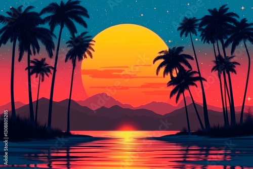 Tropical sunset over a calm ocean with silhouette palm trees and distant mountains, creating a dreamy and nostalgic atmosphere in a retro-futuristic aesthetic with vibrant colors and starry sky.