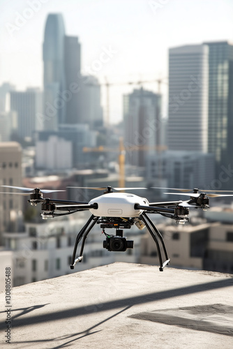 A high-tech professional drone with an advanced camera system, hovering above an urban skyline for aerial footage.
