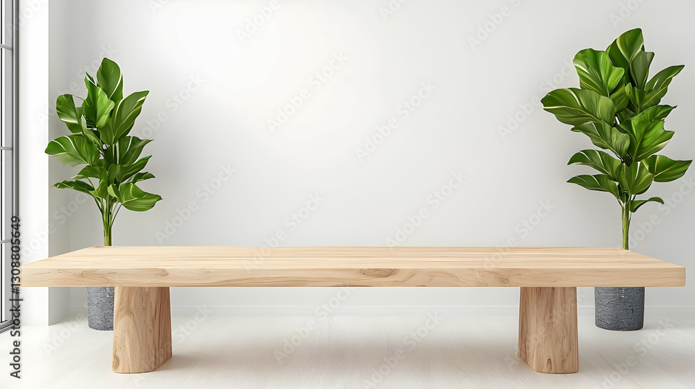 Modern Minimalist Wooden Table Surrounded by Green Indoor Plants Modern Minimalist Wooden Table Surrounded by Green Indoor Plants