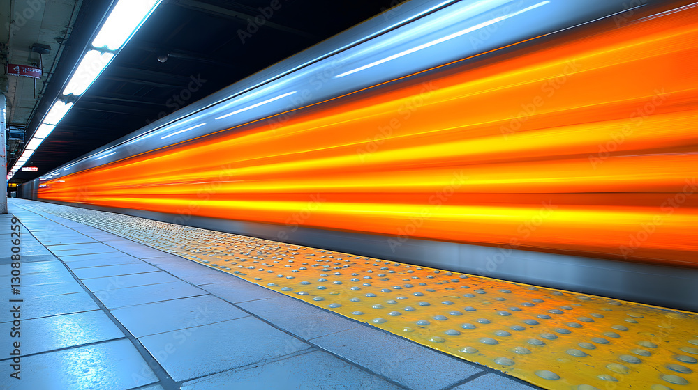 Speeding Train in Subway: A long-exposure shot captures a fast-moving train in a subway tunnel, with streaks of vibrant orange and yellow light symbolizing speed and the energy of the urban landscape.