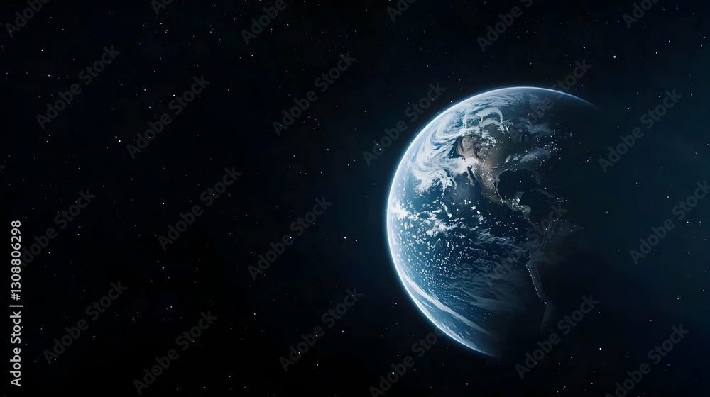 Obraz premium Digital Illustration of the Earth from Space with Blue and White Hues Against a Dark Starry Background