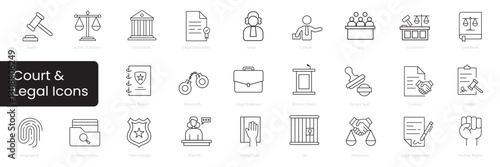 court and legal icon set. line editable Icons set. court, law, justice, gavel, scales, courthouse, legal, document, judge, lawyer, 