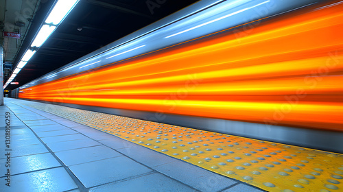 Obraz na płótnie Speeding Train in Subway: A long-exposure shot captures a fast-moving train in a subway tunnel, with streaks of vibrant orange and yellow light symbolizing speed and the energy of the urban landscape. w salonie