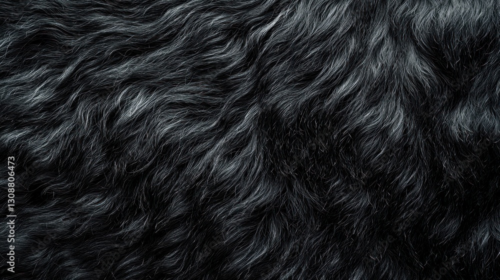 Close-up view of textured, wavy black fur, showcasing its softness and depth. Close-up view of textured, wavy black fur, showcasing its softness and depth.