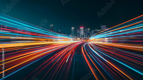 Colorful Light Trails of City Traffic on a Highway at Night with Blurred Lights and a Dark Skyline