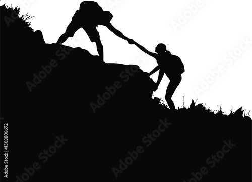 Hikers Help Friend Conquer Steep Hill, Friends Assist Hiker Up Challenging Slope, Hikers Support Friend in Uphill Climb, Men helping his friend hiker climb up the hill