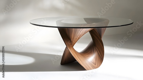 A contemporary round coffee table with a glass top and a sculptural wooden base, isolated on a clean backdrop