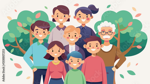 The family tree comes to life in this multigenerational family portrait with grandparents parents and children all gathered together.. Vector illustration