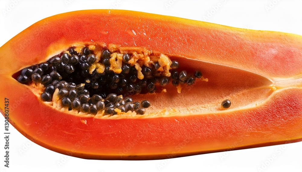 Close-up of a halved papaya, showcasing its vibrant orange flesh and glossy black seeds, emphasizing the fruit’s fresh and tropical appeal. Close-up of a halved papaya, showcasing its vibrant orange flesh and glossy black seeds, emphasizing the fruit’s fresh and tropical appeal.
