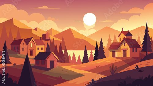 The peaceful village was ablaze with warm hues as the sun rose seemingly breathing life into every nook and cranny.. Vector illustration