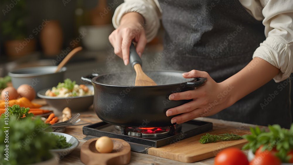 Multitasking in remote work. Cooking and working from home. Balancing cooking and email tasks. Realistic portrayal of everyday remote life. Multitasking in remote work. Cooking and working from home. Balancing cooking and email tasks. Realistic portrayal of everyday remote life.